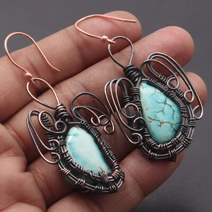 H559 Turquoise Wire Wrapped Handmade Earrings 2.3" Gemstone Jewelry - Picture 1 of 3