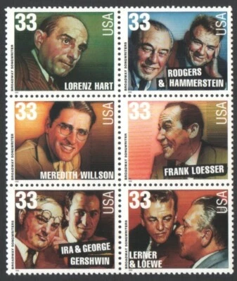 6 Unused US Postage 33 Cent Stamps HOLLYWOOD COMPOSERS Rogers & Hammerstein Hart - Image 1 of 2