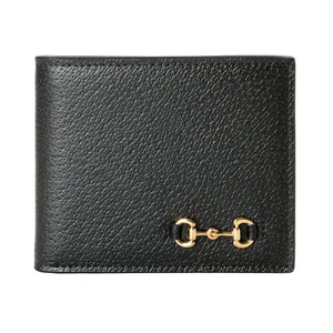 Cartera plegable Gucci para hombre negra 100 % cuero texturizado con mordida de caballo dorada - Imagen 1 de 5