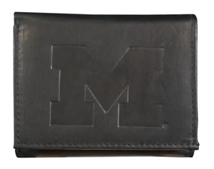Michigan Wolverines Distressed Look Embossed Logo Black Leather Trifold Wallet - Picture 1 of 5