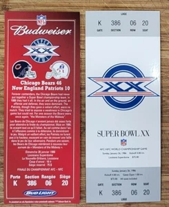 Bud Super Bowl Ticket Replicas XX 1986 Chicago Bears Vs New England Patriots - Picture 1 of 1