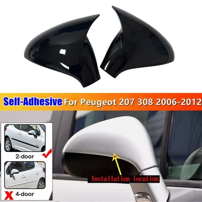 2PCS For Peugeot 207 308 2006-2012 Gloss Black Door Side Wing Mirror Cover Caps - Image 1 of 4