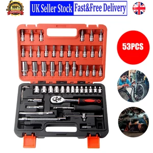 53Pcs Steel Socket Set 1/4" Ratchet Wrench Drive Car Repairing Tool Set + Case - Picture 1 of 12