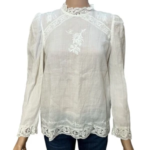 Blusa Zara Victoriana Bordada XS Encaje Ribete Cottagecore Boho Blanca Cuello Alto - Imagen 1 de 11