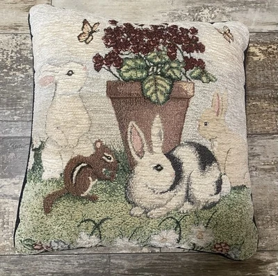  Chenille Easter Tapestry Throw Pillow Bunny Rabbits & Squirrel 15" X 15" - Image 1 of 4