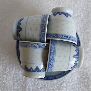 Vtg China Tienshan White @ Blue 4Cup@ 4Saucer Set Rice Grain Pattern NEW - Picture 1 of 11