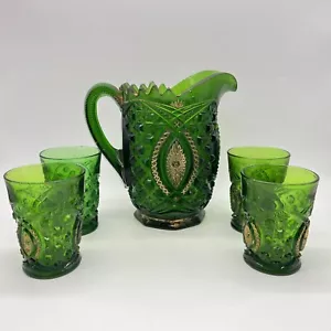 Northwood Green Glass Pitcher Set 4 Glasses Memphis Pattern EAPG Gold Trim Read - Picture 1 of 17
