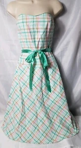 Duck Head Jeans Co Women 3 White Green Pink Check Belted Sleeveless Lined Dress - Picture 1 of 12