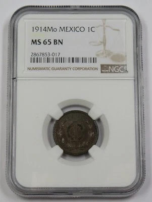 1914 Mo NGC MS65 BN Brown Mint State 1 Centavo 1c Mexico Coin Item #33644A - Image 1 of 3