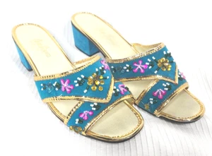 Vtg Teal Blue Velvet Mules Shoes Heels Slippers Gold Trim Beaded Flower Block 7 - Picture 1 of 9