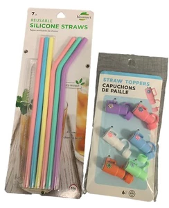 Silicone Straws, With Straw Toppers, Decorative Cover Plugs Six Pack Of Each  - Picture 1 of 5
