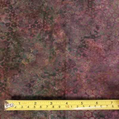 1 Yd Batik Fabric - Dark Green & Black Circles Honeycomb on Purple Background - Image 1 of 4