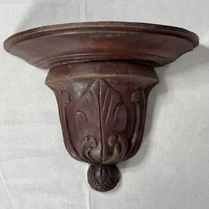 15" Hand-Carved Solid Mahogany Wood Wall Shelf Sconce Ornate Leaf & Pinecone - Picture 1 of 16