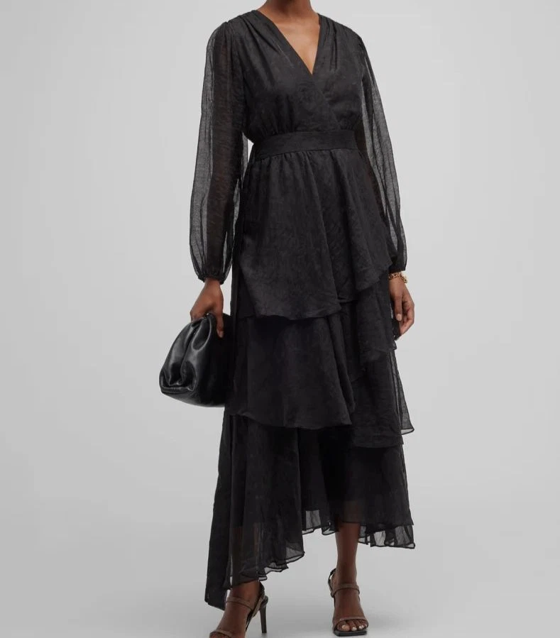 Marie Oliver Surie Midi Dress Black Tiered Silk Size XL