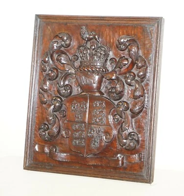 RARE ANTIQUE 1405-1603 ENGLISH ROYAL COAT OF ARMS ARMORIAL CREST CARVED WALNUT - Image 1 of 4