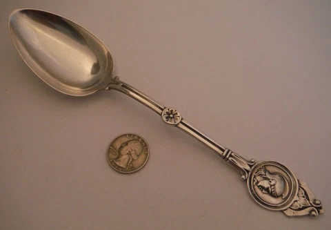 MEDALLION Sterling Silver Table Serving Spoon 8 3/8" Greek Roman Soldier c.1880 Cover