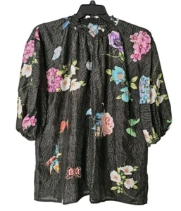 Camicetta donna Johnny Was Blooming La Belle 100% seta taglia media scollo a V increspato - Foto 1 di 14