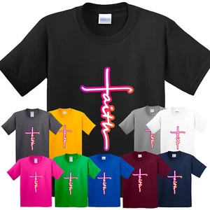 Faith Jesus Cross Colorful Kids T-Shirts Christianity Religious Gift New USA Tee - Picture 1 of 14
