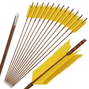 33'' Archery Bamboo Arrow 4 Feather Longbow Traditional Recurve Bow Tips Hunting - Picture 1 of 26