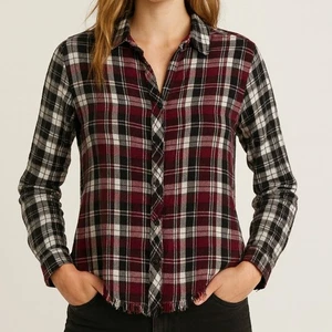 Catherine Malandrino Womens XS Red White Black Plaid Shirt L/S 100% Rayon - Picture 1 of 9