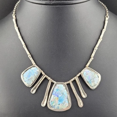 Chunky Ancient Roman Glass Waterfall Bib Pendant Sterling Silver Bib Necklace - Image 1 of 4