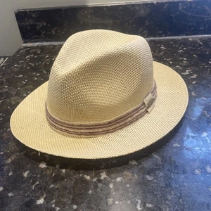 Sombrero de Paja Tejido Panama Jack Vintage Original Banda Azul ~ Para Hombre L-XL - Imagen 1 de 4