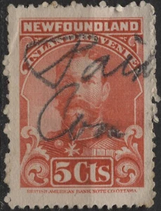 Canadá 1910 VanDam #NFR16 5c bermellón, perf 12, Nfld. Inland Revenue, usado - Imagen 1 de 1