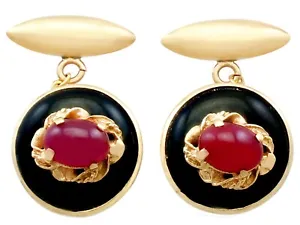 Vintage Italian 1.75ct Ruby and Onyx 18Carat Yellow Gold Cufflinks Circa 1990 - Picture 1 of 7