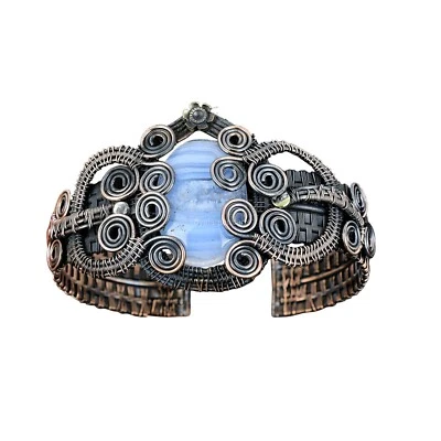 Joyería brazalete artesanal de mujer hecha a mano envuelta en alambre de piedras preciosas de ágata de encaje azul cobre Foto 1 de 4