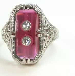 Antique Art Deco Diamond Synthetic Ruby 13KW Ring Size 7.5 UK-O1/2 .70"x.44" - Picture 1 of 12