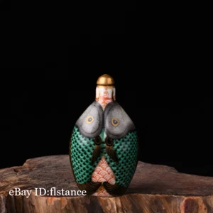 Clear Principal Enamel Sea Water Double Fish Pattern Carved Snuff Bottle - Picture 1 of 9