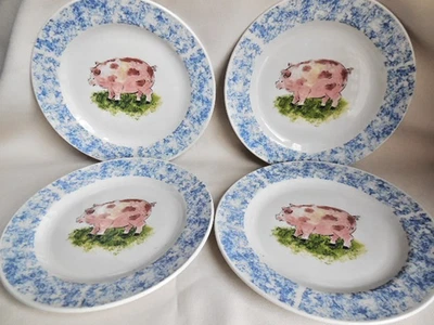 4 Country Barn Farm Animals Dessert Plates Pink PIG Blue Spongeware ~Tabletops - Image 1 of 4