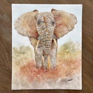 Hand Painted Elephant Savanna Art Pottery Tile 10.25”x8.25” Tamar Truesdill VTG - Picture 1 of 10