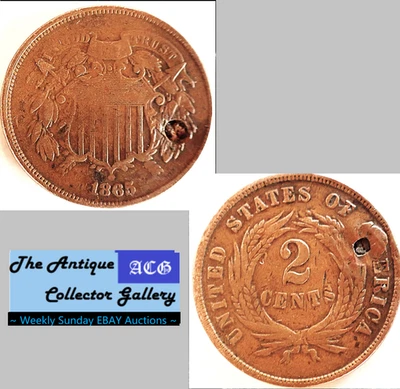 1865 US Copper Two Cent Pieces 🪙 Civil War Era 🪙Antique🪙Plug - Image 1 of 4