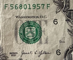 BIRTHDAY 1957 Serial Number 2021 $1 One Dollar Bill F56801957F - Picture 1 of 3