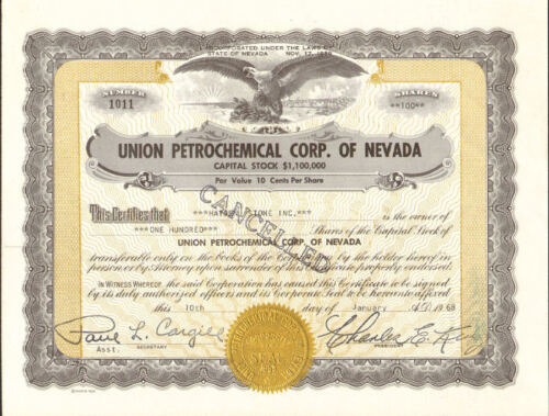 Union Petrochemical Corp. of Nevada oil stock certificate share scripophily