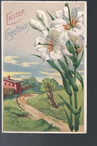 EASTER GREETINGS Postcard 18117 lilies country scene Embossed pm MAB #11 - Picture 1 of 2