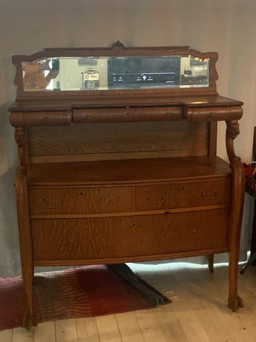 Quartersawn or Tiger Oak Server sideboard with lions claw feet beveled mirror Cover