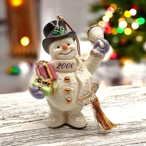Lenox Classic Snowman Porcelain Ornament 2000 Ringing Bell Presents 24K Trim - Picture 1 of 12