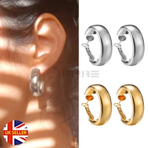 18ct Gold Plated Stainless Steel Posts Chunky Huggie Stud Sleeper Hoop Earrings - Picture 1 of 32