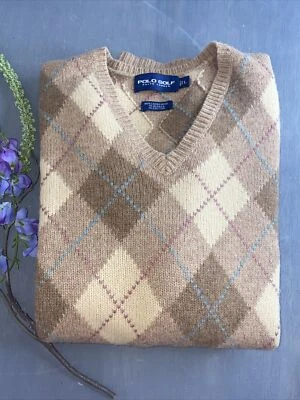 SUÉTER POLO GOLF Ralph Lauren Argyle LÃ DE CORDEIRO Grande L Azul Claro Decote V ~ Excelente Estado Usado - Imagem 1 de 4