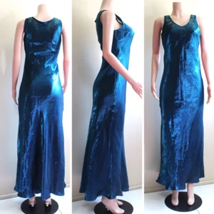 Alex Evenings 6 S Slip Dress Bias Cut Sleeveless Shiny Cerulean Blue Bead Bodice - Picture 1 of 12