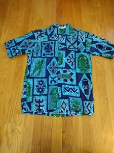 Vintage 1960s Men's Hawaiian Shirt Sz Small Blue Tiki Print Barefoot In Paradise - Picture 1 of 6