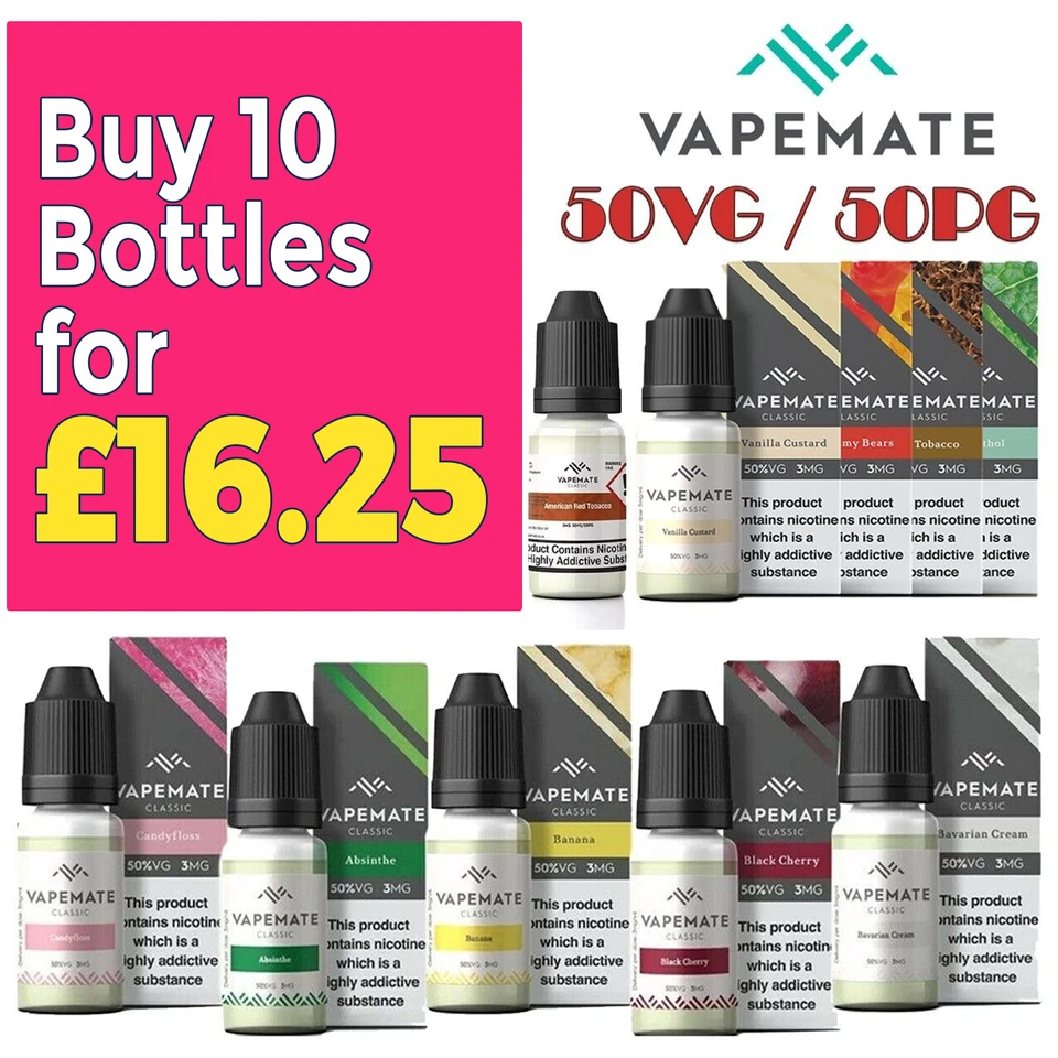 Vapemate Classic 10ml E Liquid Vape Juice | 50/50 VG/PG | 10 Bottles for £16.25 - Image 1 of 1