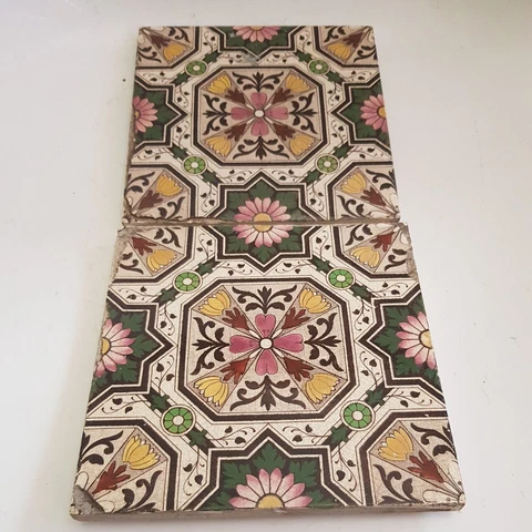 Antique Ceramic Tile Vintage Floral Design x 2 Multicolored (J1) Cover