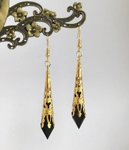 Black Faceted Teardrop Gold Filigree Art Deco Drop Earrings in Gift Bag - Picture 1 of 9