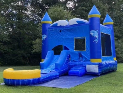 Combo de casa de rebote de delfines inflable comercial piscina tobogán y soplador de 1 HP Foto 1 de 4
