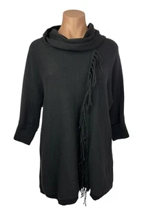 Chico's Black Cowl Neck Sweater Tunic Tassels on Front 3/4 Sleeve Sz 1/M Cotton - Picture 1 of 7