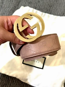 Cintura Gucci rosa polvere Guccissima pelle oro incastro fibbia G 80/32 - Foto 1 di 13