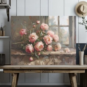 Pink Peonies Canvas Print - Rustic Floral Still Life for Cottagecore, Shabby Chi - Picture 1 of 17